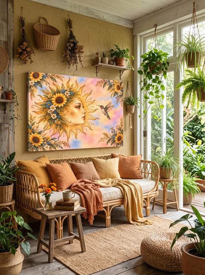 Sunflower Sun Goddess – Boho Celestial Canvas Wall Art