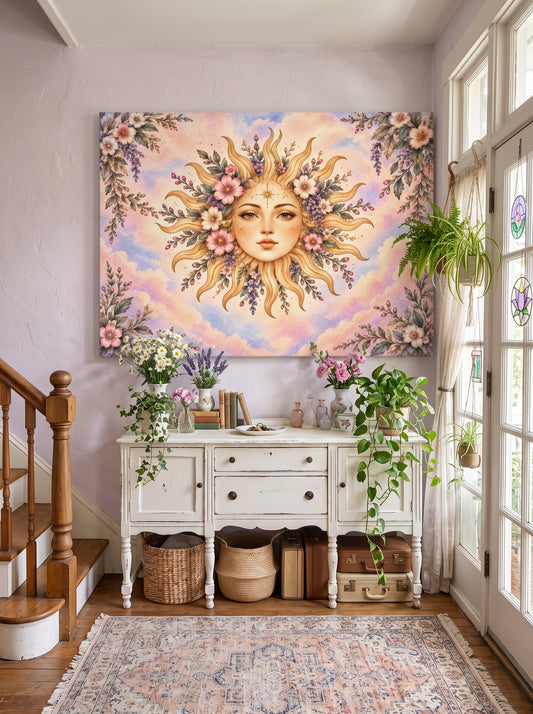 The Sun in Bloom – Boho Celestial Sun Goddess Canvas Wall Art