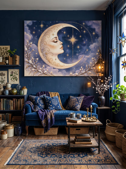 Crescent Moon Goddess – Boho Celestial Canvas Wall Art
