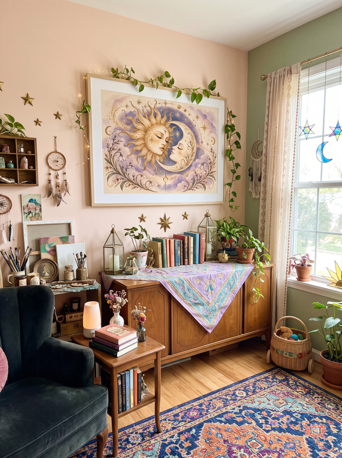 Sun & Moon Celestial Art Poster — Mystical Boho Wall Decor (Rolled Poster)