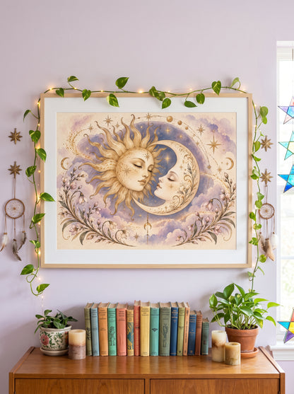 Sun & Moon Celestial Art Poster — Mystical Boho Wall Decor (Rolled Poster)