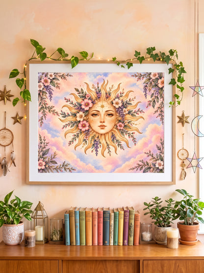 Blooming Sun Goddess – Boho Celestial Art Print Poster