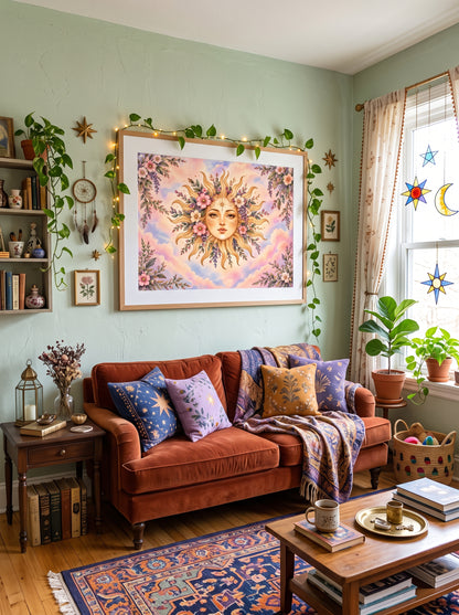 Blooming Sun Goddess – Boho Celestial Art Print Poster
