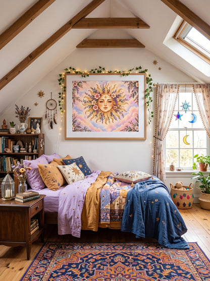 Blooming Sun Goddess – Boho Celestial Art Print Poster