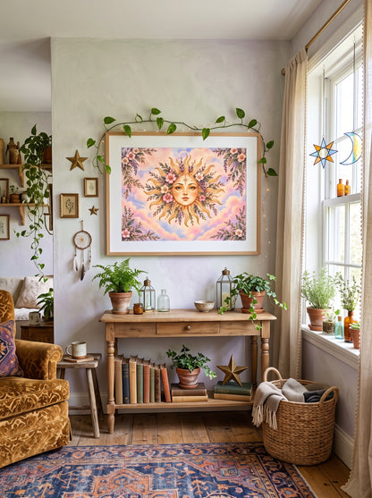 Blooming Sun Goddess – Boho Celestial Art Print Poster