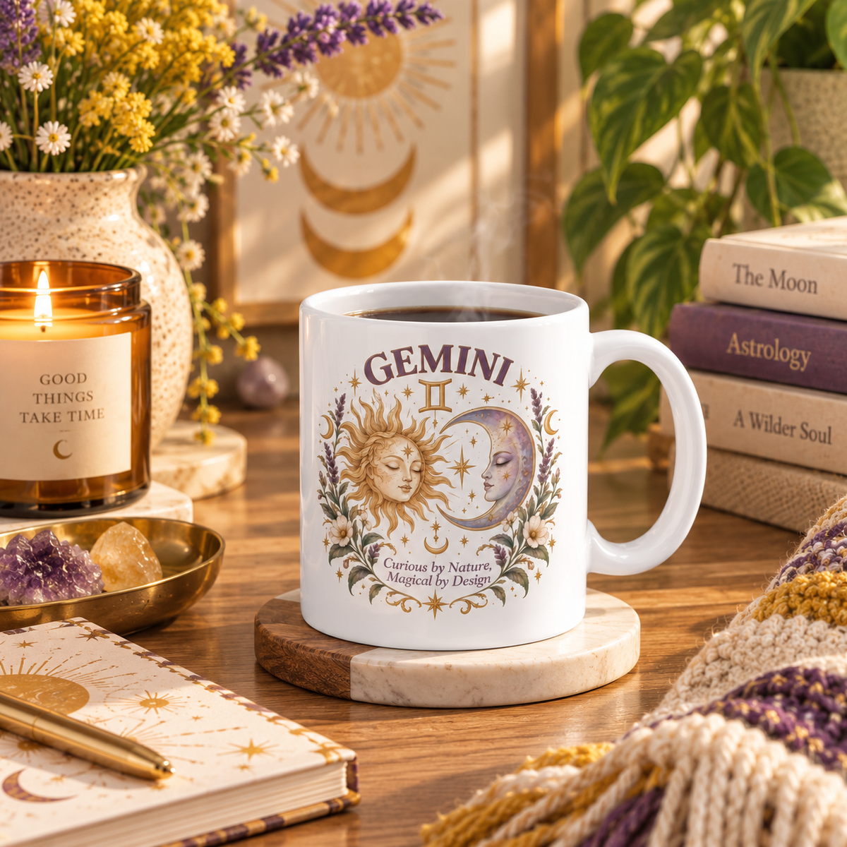 Boho Celestial Whimsical Sun and Moon Gemini Zodiac Mug