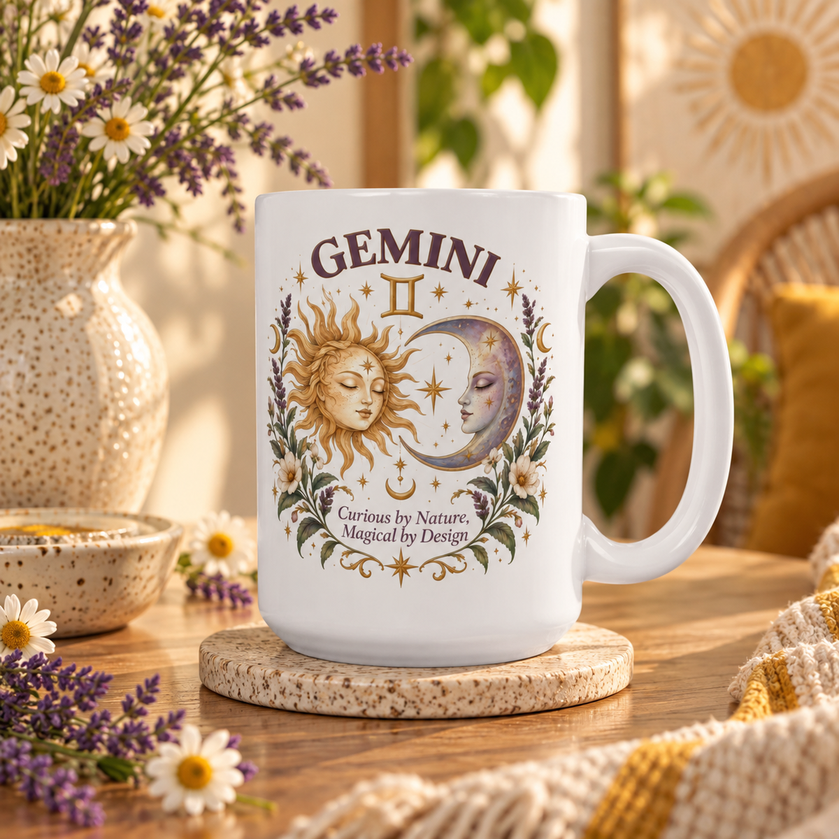 Boho Celestial Whimsical Sun and Moon Gemini Zodiac Mug