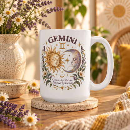 Boho Celestial Whimsical Sun and Moon Gemini Zodiac Mug