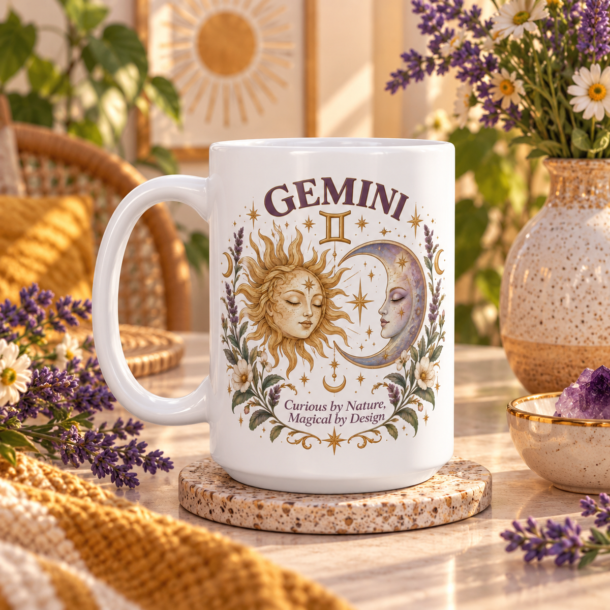 Boho Celestial Whimsical Sun and Moon Gemini Zodiac Mug