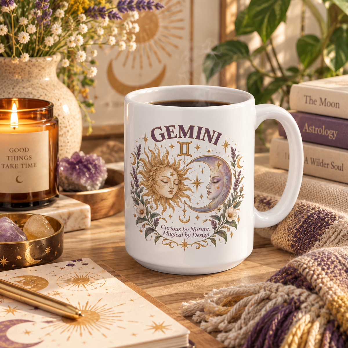 Boho Celestial Whimsical Sun and Moon Gemini Zodiac Mug