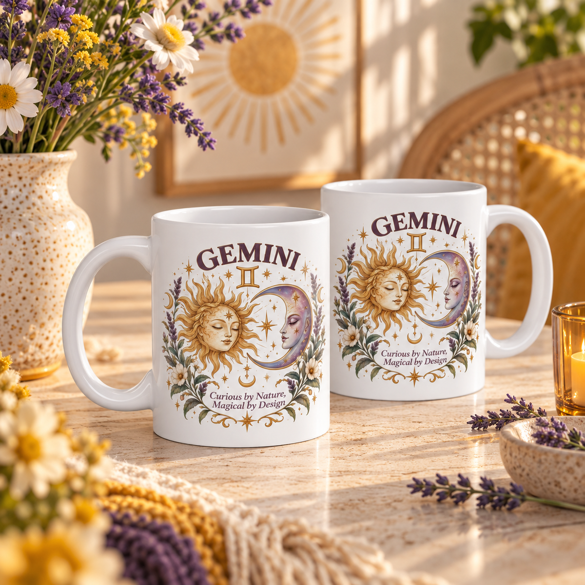 Boho Celestial Whimsical Sun and Moon Gemini Zodiac Mug