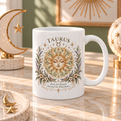Boho Celestial Taurus Zodiac Mug Sun Floral Astrology Coffee Mug