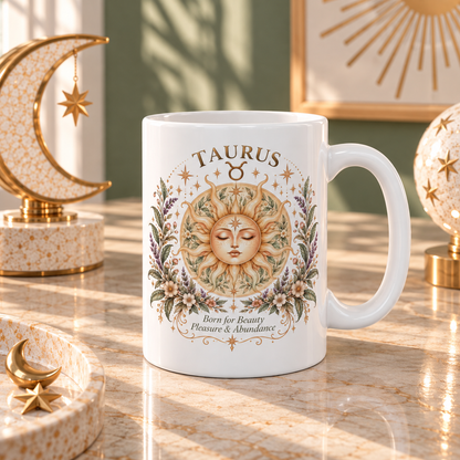 Boho Celestial Taurus Zodiac Mug Sun Floral Astrology Coffee Mug
