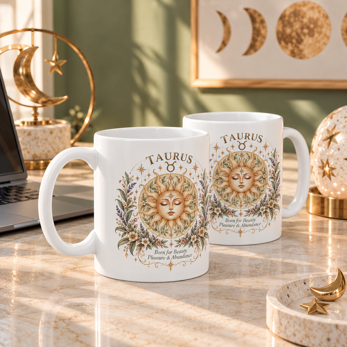 Boho Celestial Taurus Zodiac Mug Sun Floral Astrology Coffee Mug