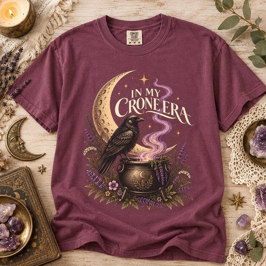 Crone Era Boho Shirt, Witchy Gothic Botanical Crow Cauldron Unisex T-shirt