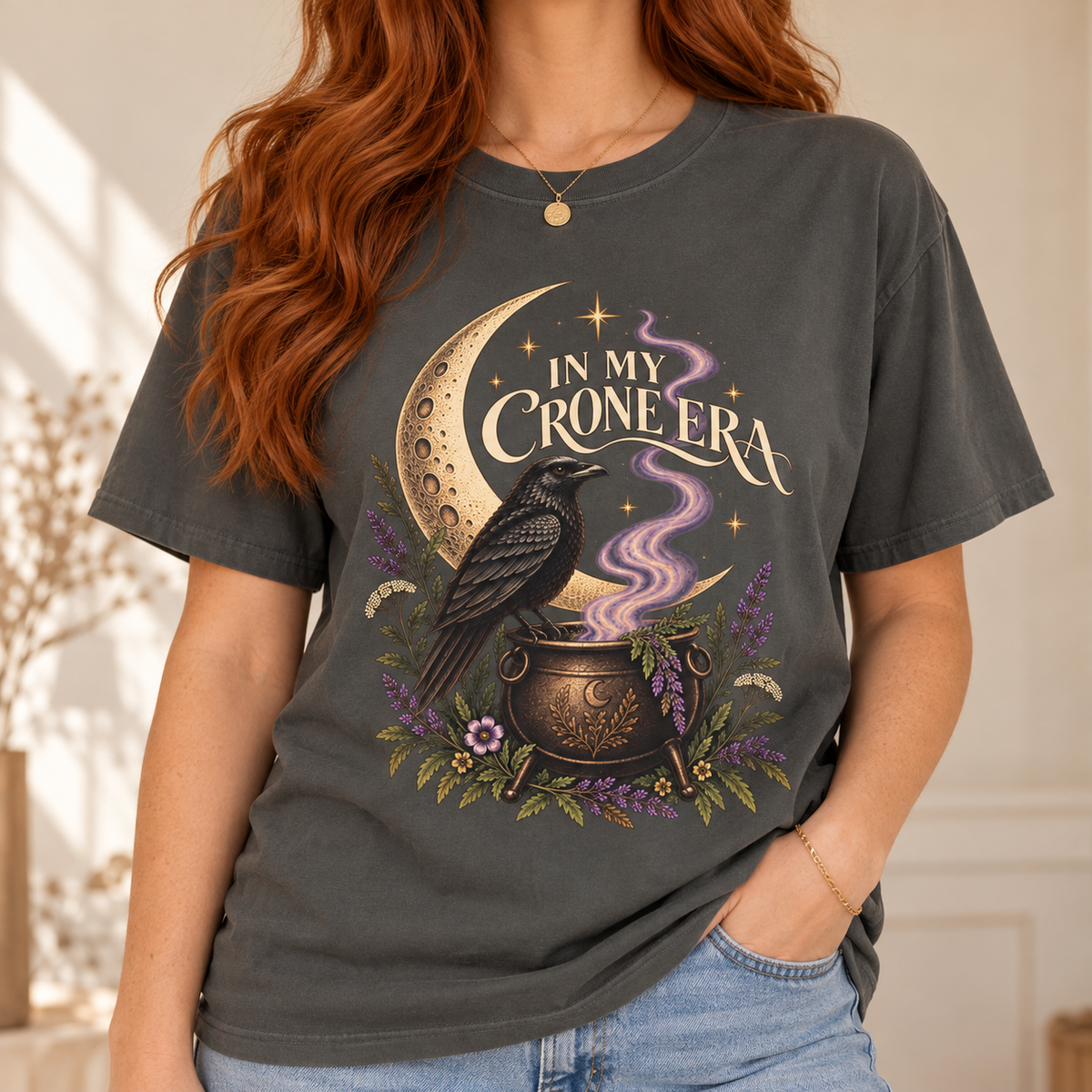 Crone Era Shirt, Witchy Gothic Botanical Raven Cauldron Tee