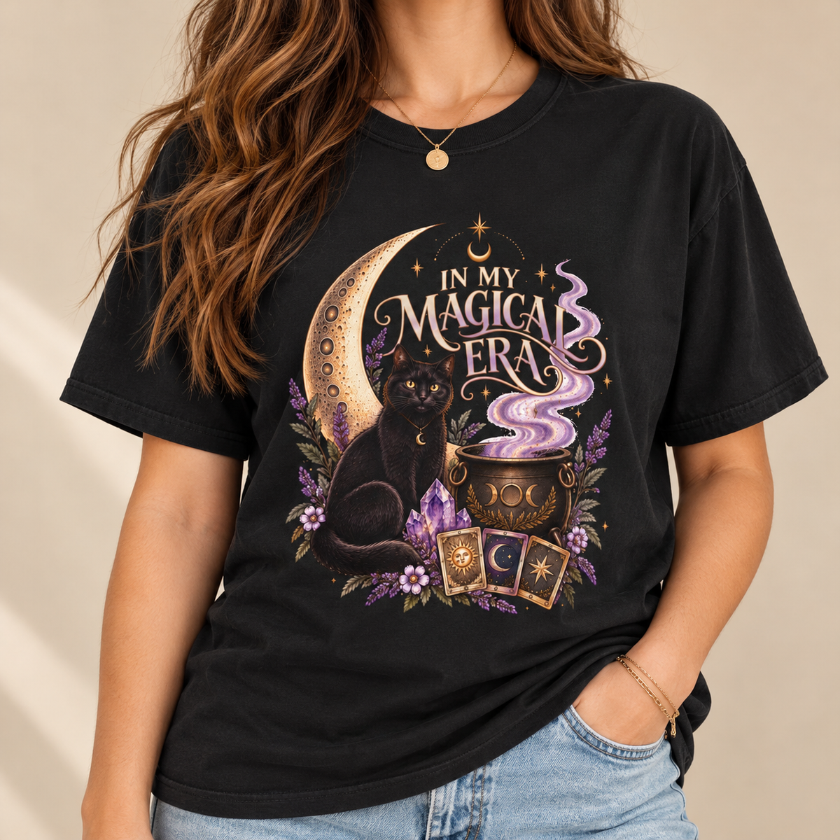 Witchy Floral Black Cat Shirt - In My Magical Era Vintage Celestial Tee