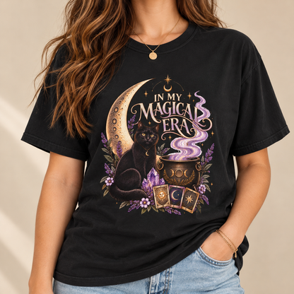 Witchy Floral Black Cat Shirt - In My Magical Era Vintage Celestial Tee