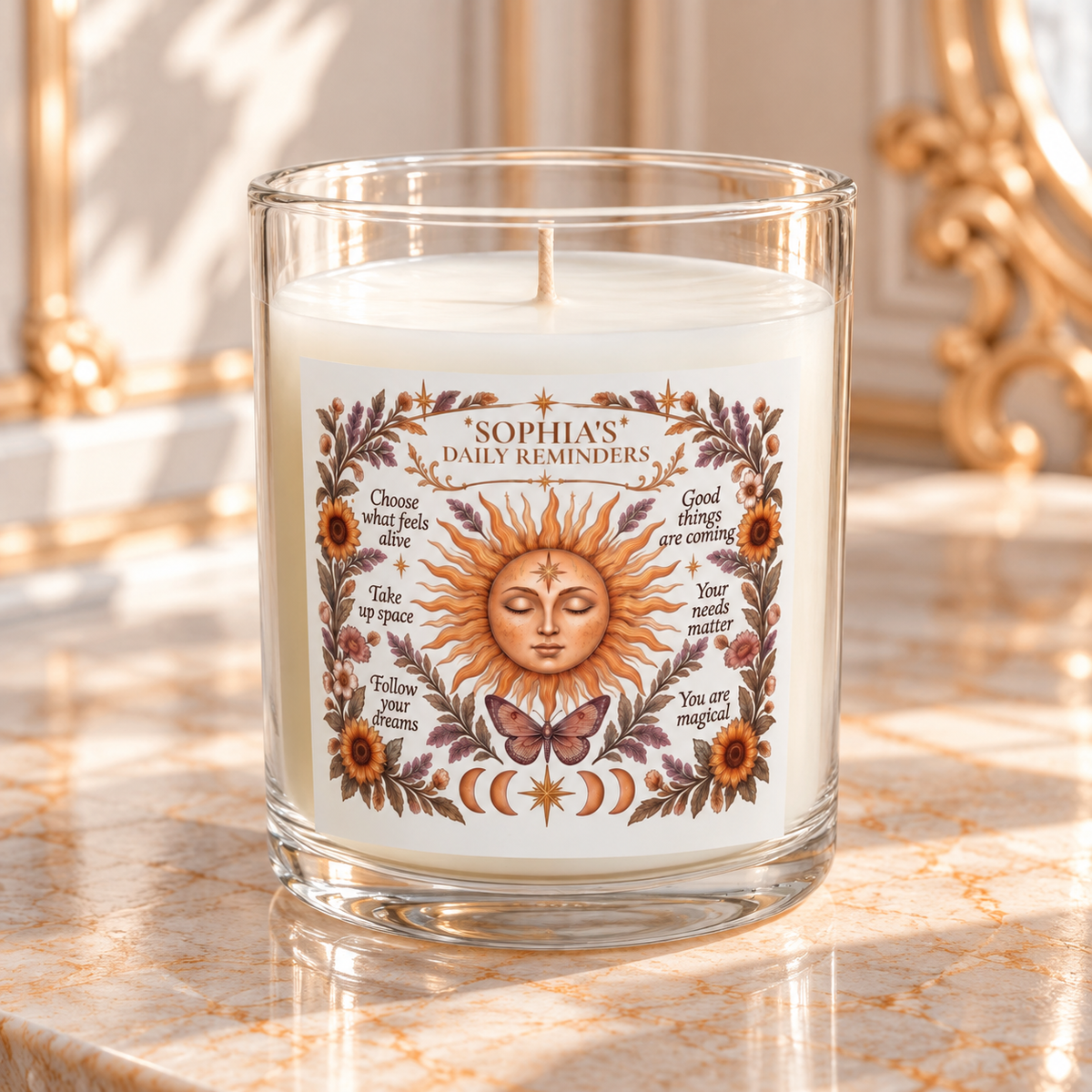 Personalized Boho Celestial Sun Scented and Unscented Candle