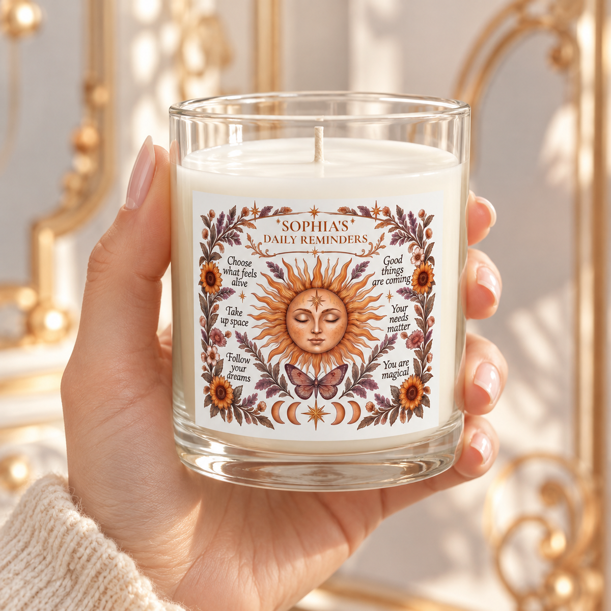 Personalized Boho Celestial Sun Scented and Unscented Candle