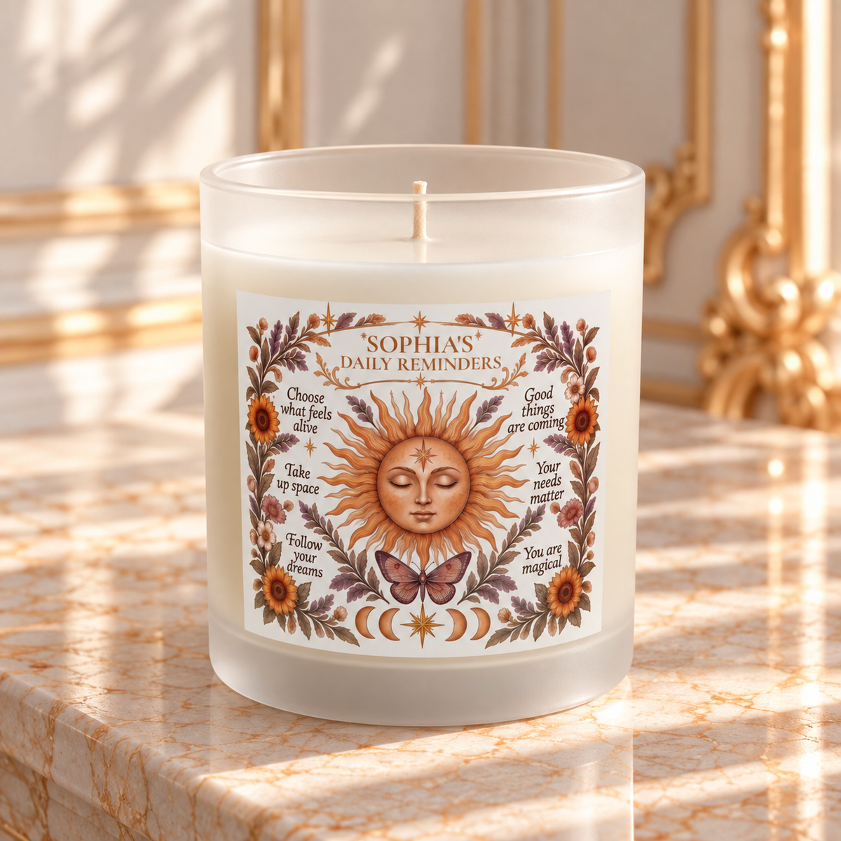 Personalized Boho Celestial Sun Scented and Unscented Candle