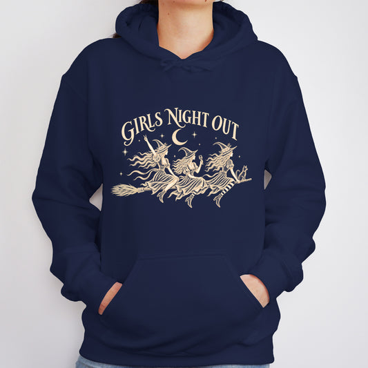 Girls Night Out Hoodie | Funny Witches on a Broom Graphic Halloween Pullover