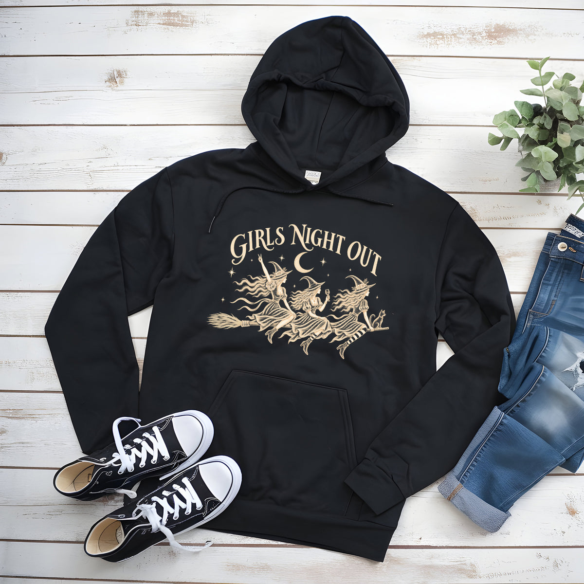 Girls Night Out Hoodie | Funny Witches on a Broom Graphic Halloween Pullover