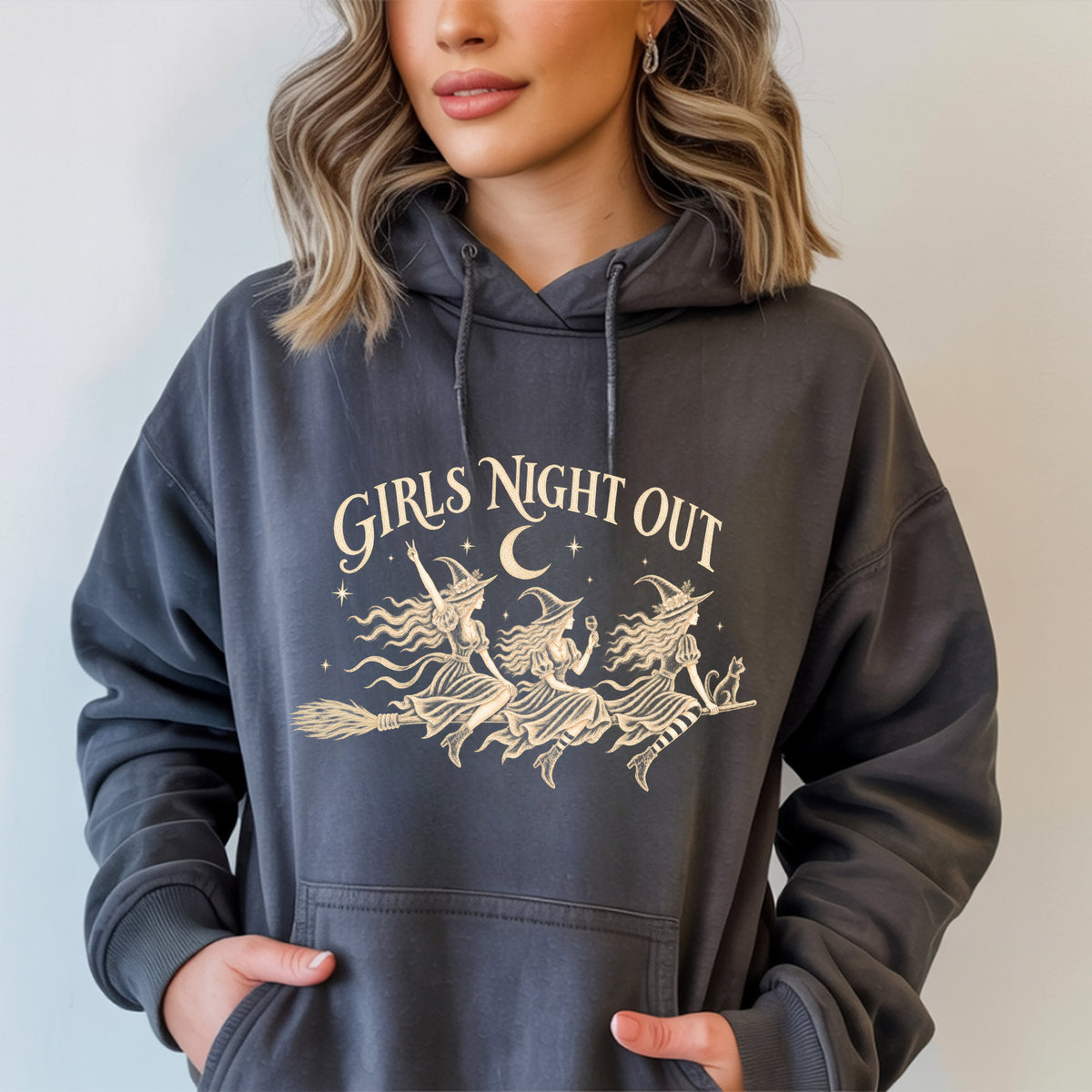 Girls Night Out Hoodie | Funny Witches on a Broom Graphic Halloween Pullover