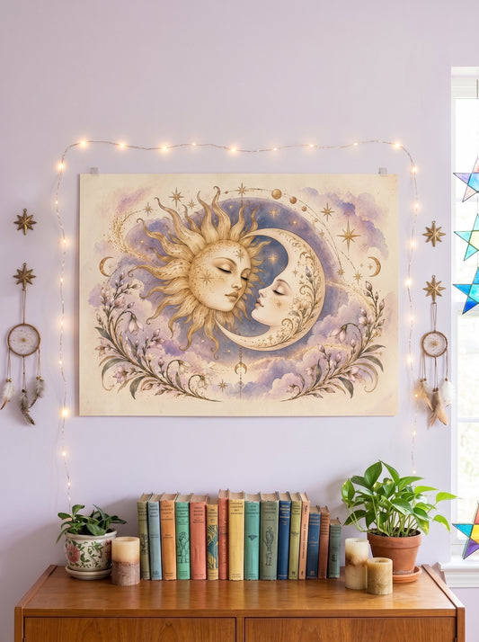 Celestial Kiss Sun & Moon Poster — Mystical Wall Decor (Rolled Poster)