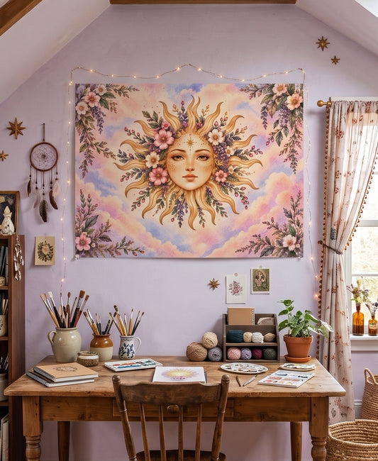 Blooming Sun Goddess – Boho Celestial Art Print Poster