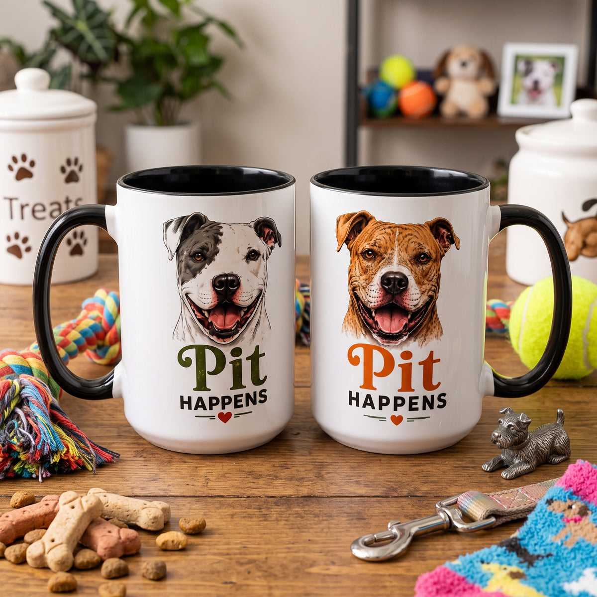 Pit Happens Black Accent Mug - Funny Pitbull Mug for Pit Bull Lovers - Cute Two Sided Pitbull Coffee Mug for Dog Moms & Dog Dads