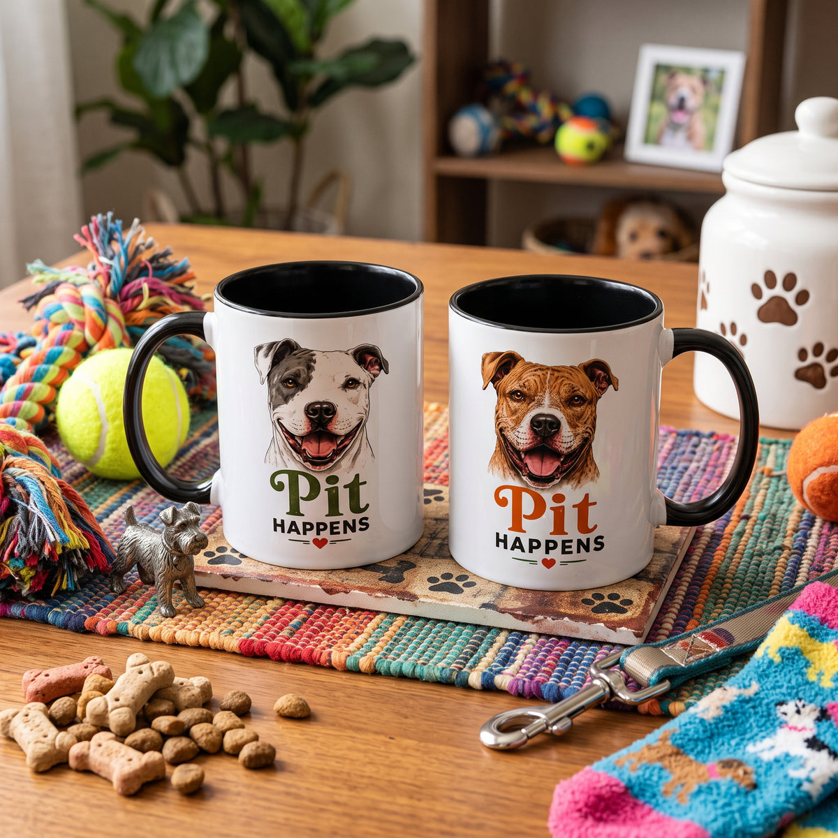 Pit Happens Black Accent Mug - Funny Pitbull Mug for Pit Bull Lovers - Cute Two Sided Pitbull Coffee Mug for Dog Moms & Dog Dads