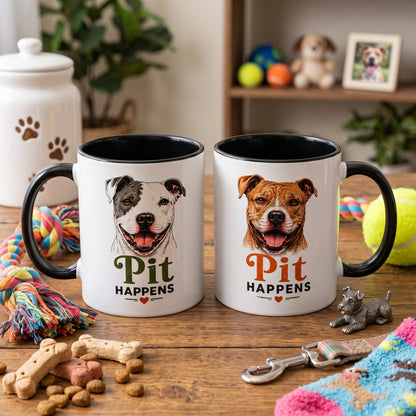 Pit Happens Black Accent Mug - Funny Pitbull Mug for Pit Bull Lovers - Cute Two Sided Pitbull Coffee Mug for Dog Moms & Dog Dads