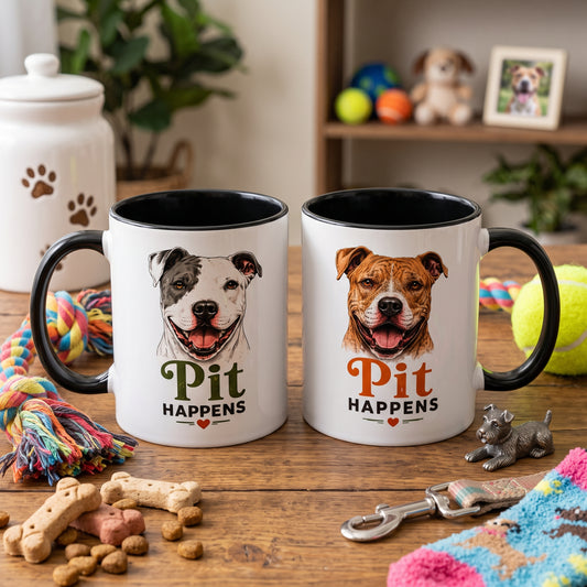 Pit Happens Black Accent Mug - Funny Pitbull Mug for Pit Bull Lovers - Cute Two Sided Pitbull Coffee Mug for Dog Moms & Dog Dads