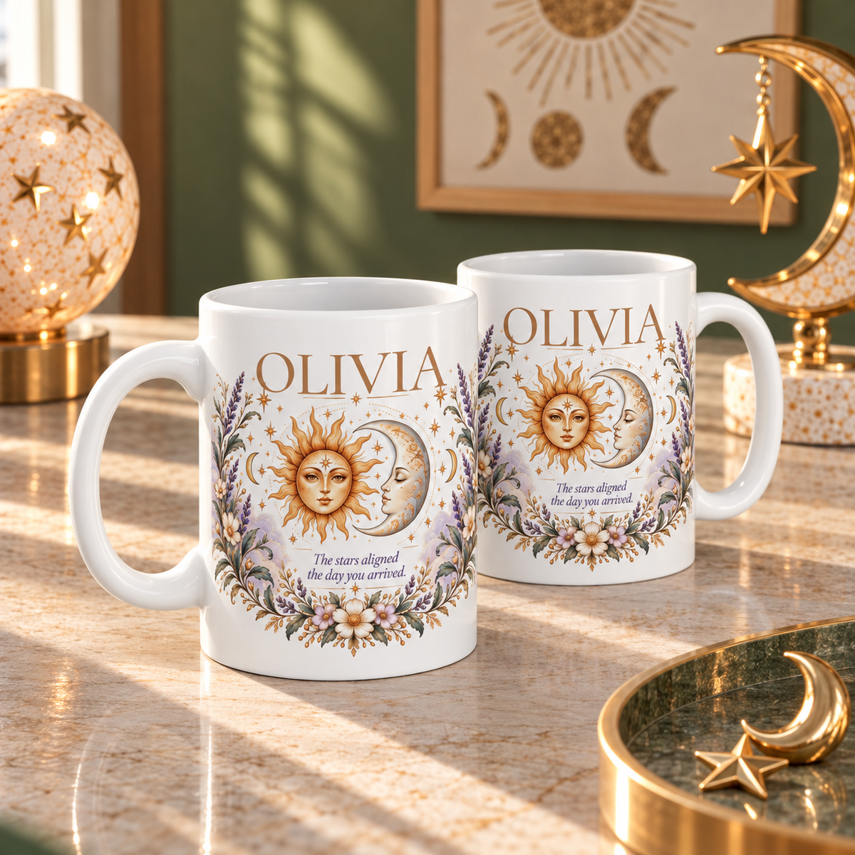 Personalized Zodiac Mug, Custom Name Coffee Mug, Boho Celestial Sun Moon Mug, Astrology Birthday Gift, Floral Boho Mug