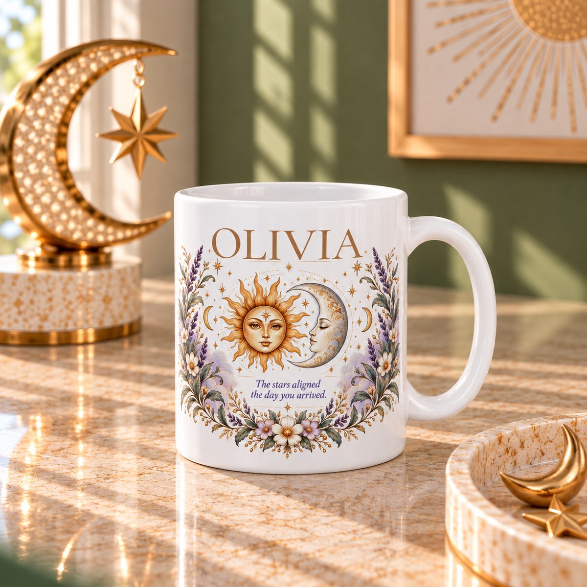 Personalized Zodiac Mug, Custom Name Coffee Mug, Boho Celestial Sun Moon Mug, Astrology Birthday Gift, Floral Boho Mug