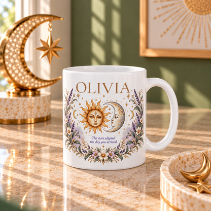 Personalized Zodiac Mug, Custom Name Coffee Mug, Boho Celestial Sun Moon Mug, Astrology Birthday Gift, Floral Boho Mug