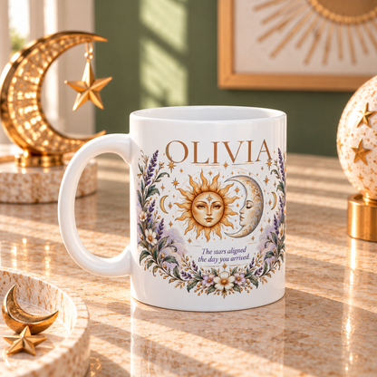 Personalized Zodiac Mug, Custom Name Coffee Mug, Boho Celestial Sun Moon Mug, Astrology Birthday Gift, Floral Boho Mug