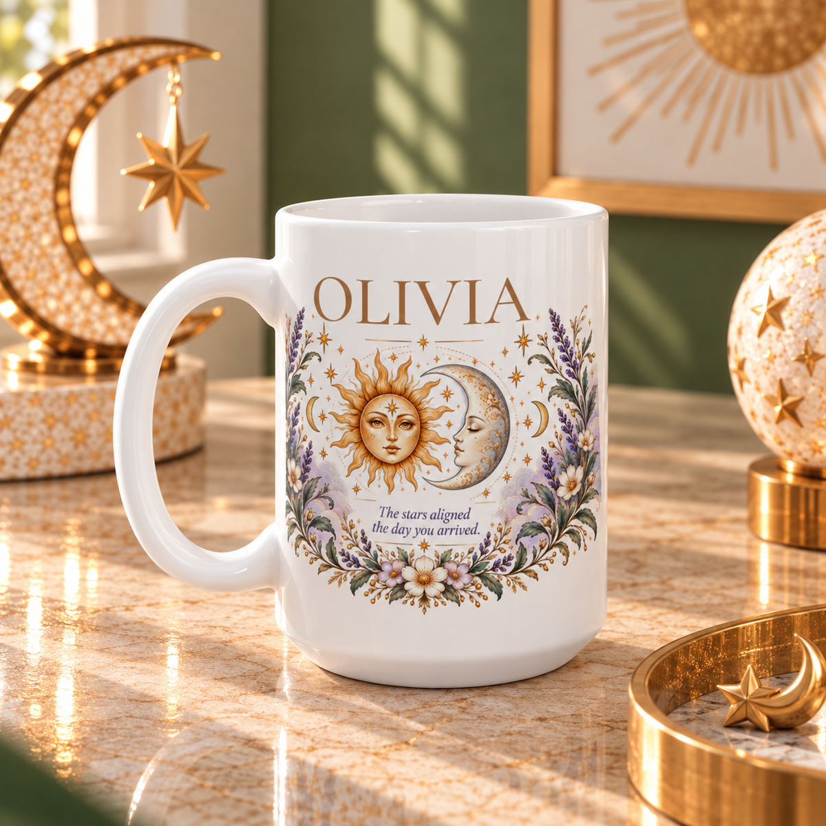 Personalized Zodiac Mug, Custom Name Coffee Mug, Boho Celestial Sun Moon Mug, Astrology Birthday Gift, Floral Boho Mug