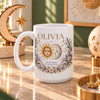 Personalized Zodiac Mug, Custom Name Coffee Mug, Boho Celestial Sun Moon Mug, Astrology Birthday Gift, Floral Boho Mug