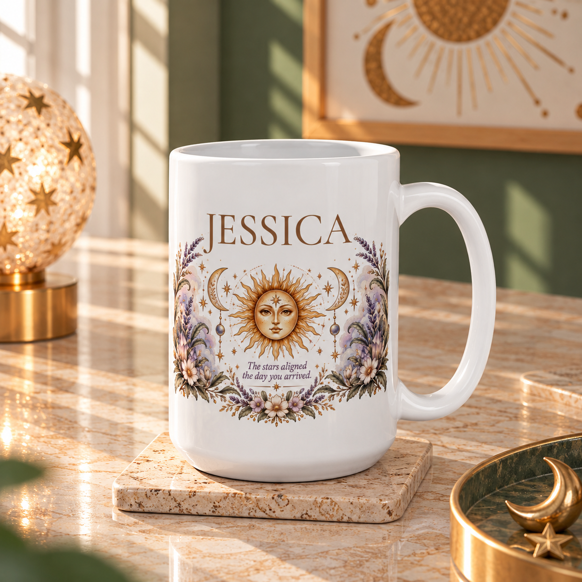 Personalized Celestial Mug, Custom Name Gift, Sun Moon Coffee Cup, Boho Astrology Gift, Birthday Gift for Her