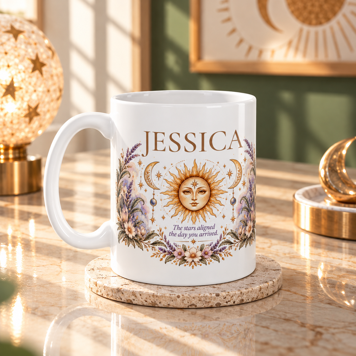 Personalized Celestial Mug, Custom Name Gift, Sun Moon Coffee Cup, Boho Astrology Gift, Birthday Gift for Her