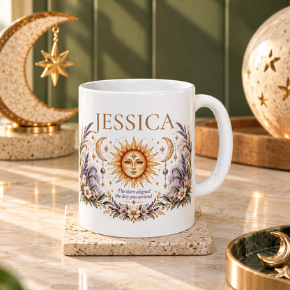 Personalized Celestial Mug, Custom Name Gift, Sun Moon Coffee Cup, Boho Astrology Gift, Birthday Gift for Her