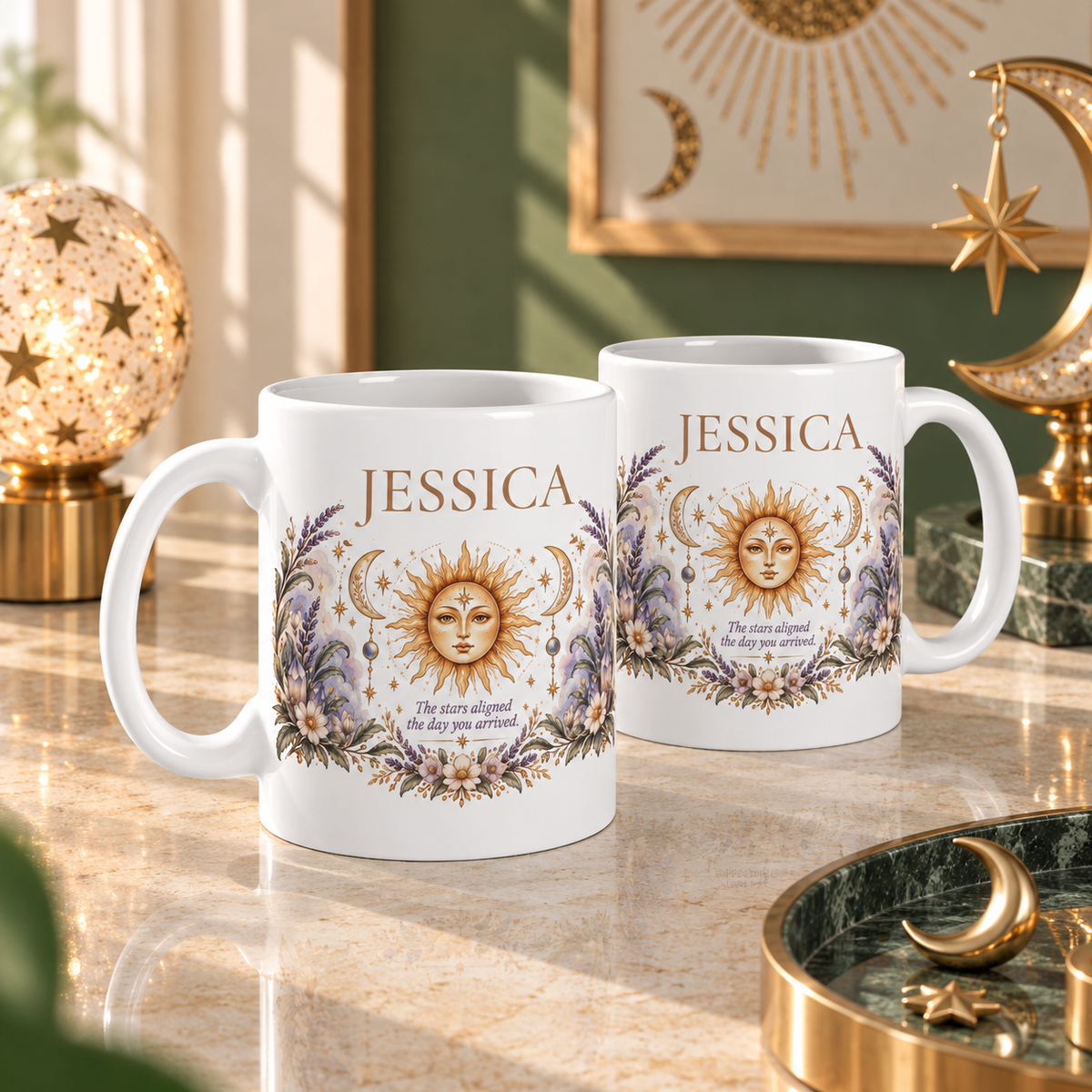Personalized Celestial Mug, Custom Name Gift, Sun Moon Coffee Cup, Boho Astrology Gift, Birthday Gift for Her