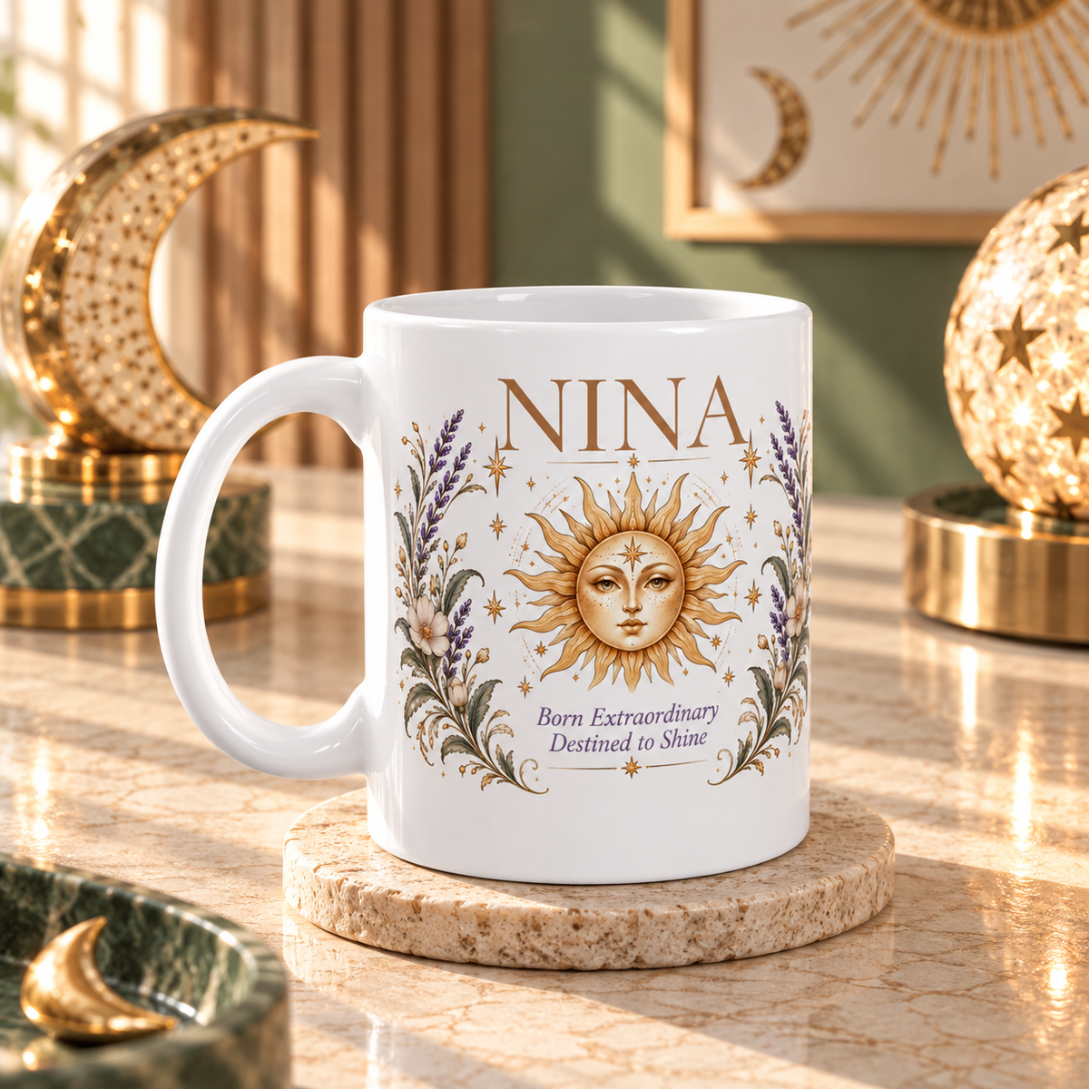 Personalized Sun Mug, Custom Name Coffee Cup, Inspirational Gift for Her, Boho Celestial Birthday Gift