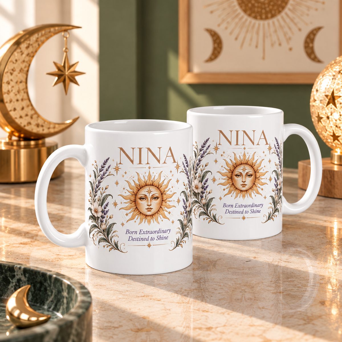 Personalized Sun Mug, Custom Name Coffee Cup, Inspirational Gift for Her, Boho Celestial Birthday Gift