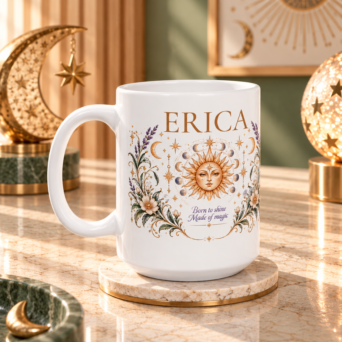 Personalized Boho Celestial Mug, Custom Name Coffee Cup, Sun and Moon Mug, Astrology Gift for Her