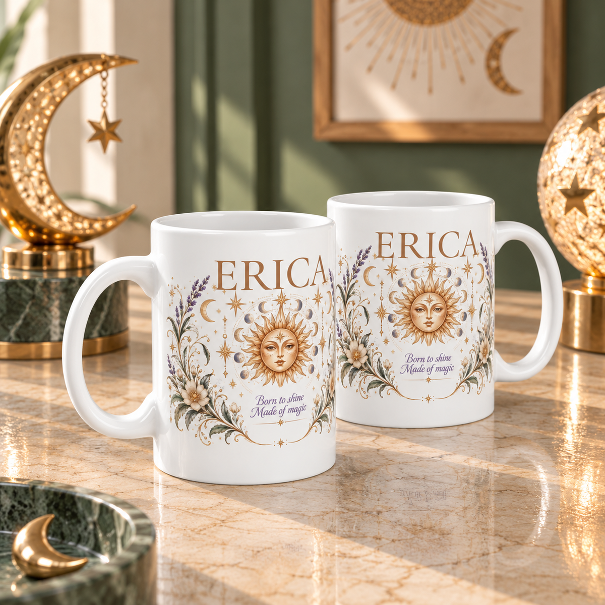 Personalized Boho Celestial Mug, Custom Name Coffee Cup, Sun and Moon Mug, Astrology Gift for Her