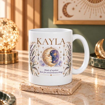 Personalized Moon Mug, Custom Name Coffee Cup, Boho Celestial Crescent Moon Mug, Astrology Gift for Her