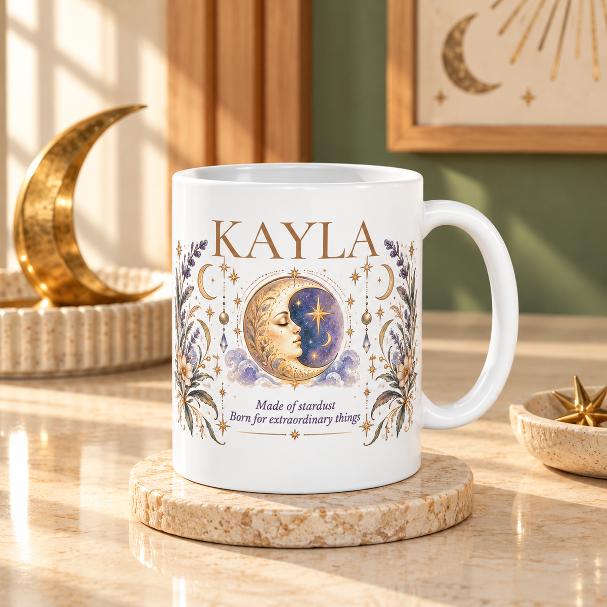 Personalized Moon Mug, Custom Name Coffee Cup, Boho Celestial Crescent Moon Mug, Astrology Gift for Her